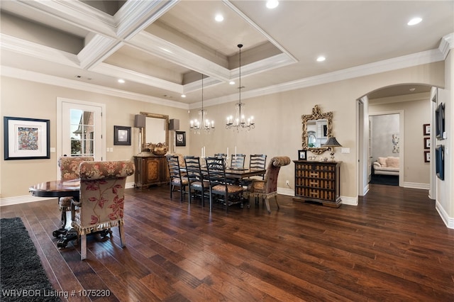 dining space featuring coffered ceiling, dark wood-type flooring, a notable chandelier, and ornamental molding