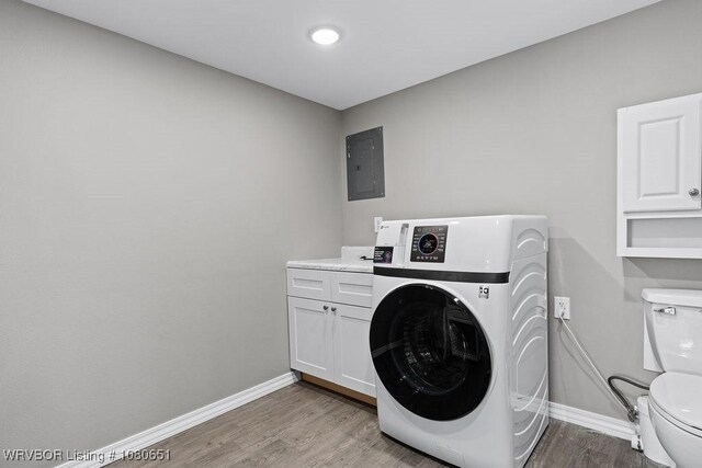 11 N 13th St, Van Buren, AR 72956 - washroom featuring laundry area, electric panel, light wood-type flooring, baseboards, and washer / dryer
