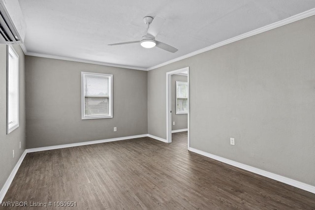 11 N 13th St, Van Buren, AR 72956 - empty room featuring crown molding, ceiling fan, wood finished floors, and a wall mounted air conditioner