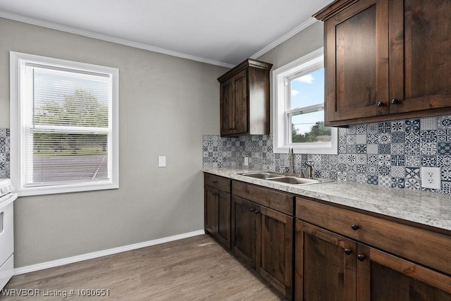 11 N 13th St, Van Buren, AR 72956 - kitchen featuring crown molding, a sink, light wood-style flooring, and tasteful backsplash