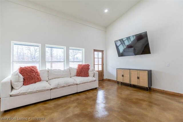 living room with a high ceiling and concrete flooring