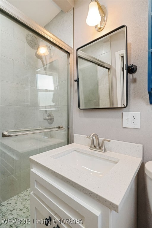 full bathroom featuring toilet, a stall shower, and vanity