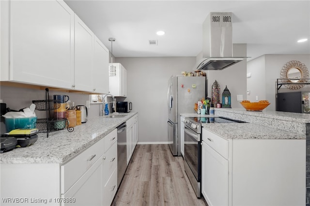 kitchen with stainless steel appliances, a peninsula, a sink, white cabinets, and island exhaust hood