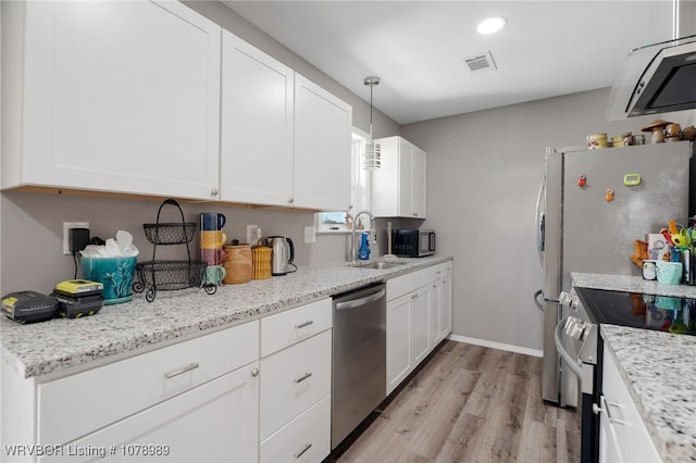 kitchen featuring white cabinetry, visible vents, stainless steel appliances, and a sink