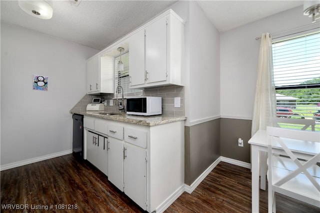 128 Saskatchewan Rd, Roland, OK 74954 - kitchen featuring white microwave, a sink, dark wood-style flooring, and backsplash