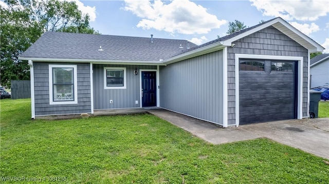 128 Saskatchewan Rd, Roland, OK 74954 - ranch-style house featuring concrete driveway, a front lawn, an attached garage, and roof with shingles