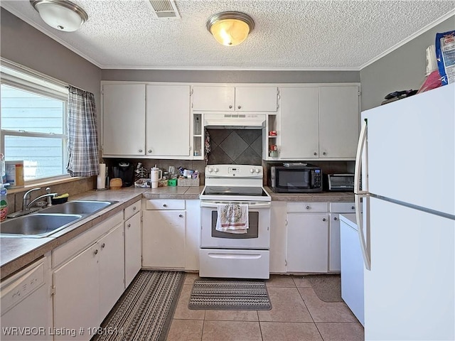 3809 Chaffee Dr, Fort Smith, AR 72904 - kitchen featuring white appliances, under cabinet range hood, a textured ceiling, white cabinets, and decorative backsplash