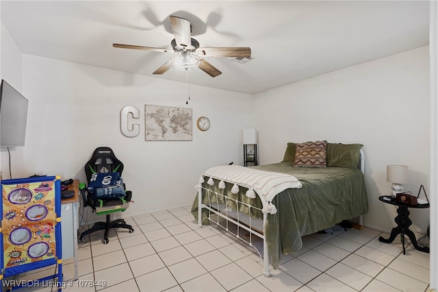 bedroom featuring ceiling fan and light tile patterned floors