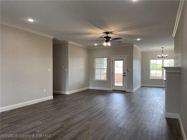 9109 Wayne Xing, Fort Smith, AR 72916 - unfurnished living room with ceiling fan, a chandelier, dark wood-type flooring, recessed lighting, and ornamental molding