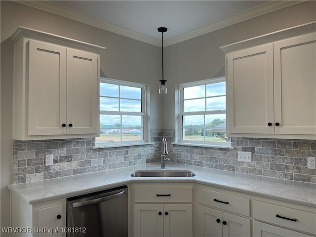 9109 Wayne Xing, Fort Smith, AR 72916 - kitchen with dishwasher, white cabinets, pendant lighting, tasteful backsplash, and ornamental molding