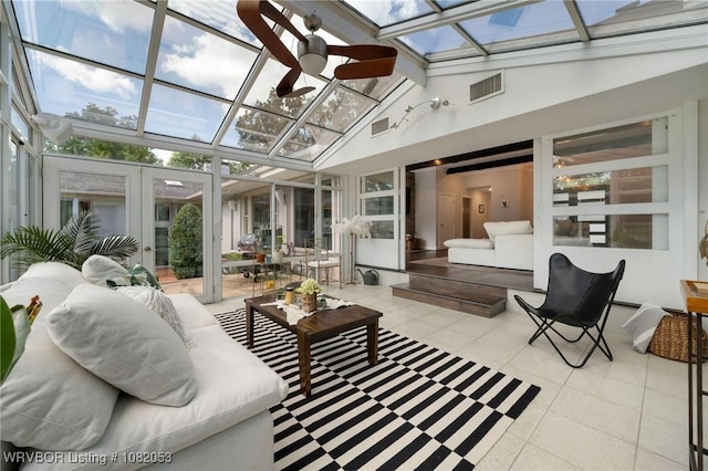 4110 S 34th St, Fort Smith, AR 72903 - sunroom featuring tile patterned flooring, a skylight, high vaulted ceiling, and french doors