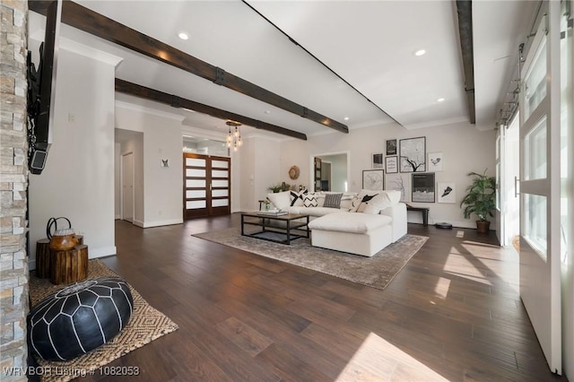 4110 S 34th St, Fort Smith, AR 72903 - living area featuring beam ceiling, dark wood-style flooring, a chandelier, recessed lighting, and crown molding