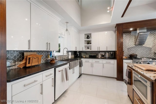 4110 S 34th St, Fort Smith, AR 72903 - kitchen featuring stainless steel microwave, wall chimney range hood, open shelves, dishwasher, and decorative backsplash