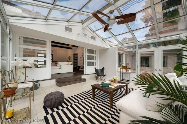 4110 S 34th St, Fort Smith, AR 72903 - sunroom featuring french doors, a skylight, tile patterned floors, and high vaulted ceiling
