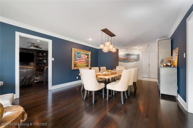 4110 S 34th St, Fort Smith, AR 72903 - dining area featuring dark wood finished floors, a chandelier, a ceiling fan, crown molding, and recessed lighting
