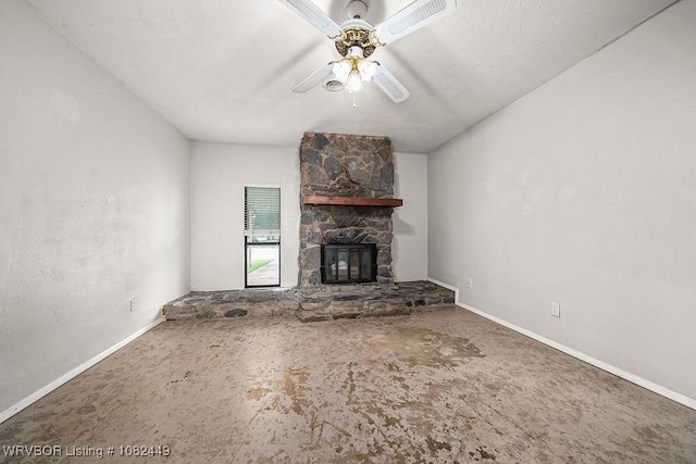 121 Dartmouth Ln, Fort Smith, AR 72908 - unfurnished living room featuring a ceiling fan and a stone fireplace