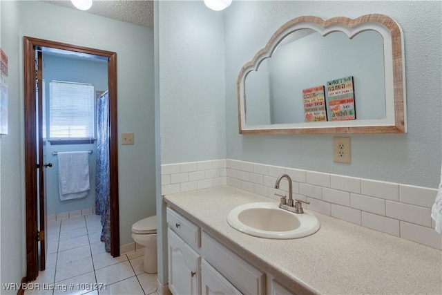 3001 Coral Cir, Alma, AR 72921 - full bath with vanity, toilet, tasteful backsplash, tile patterned flooring, and curtained shower
