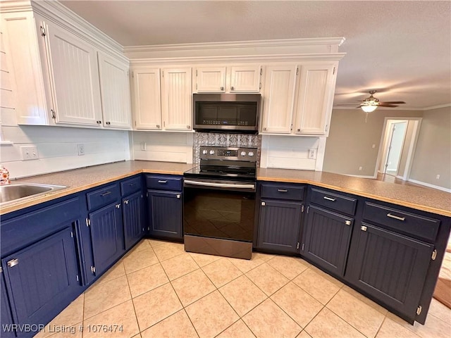 kitchen featuring ceiling fan, white cabinetry, ornamental molding, and appliances with stainless steel finishes