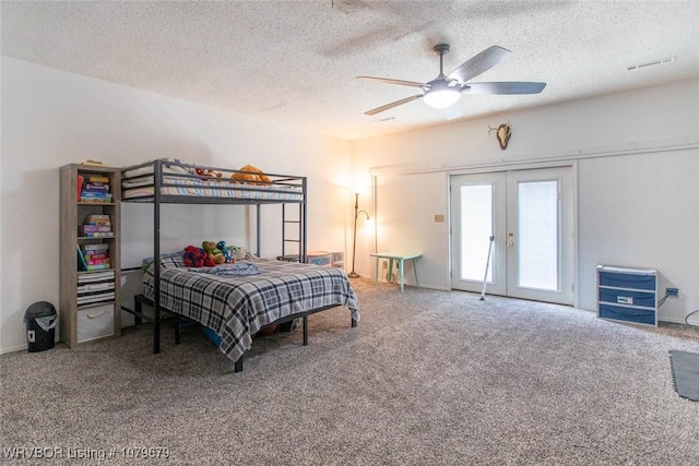 bedroom with visible vents, carpet flooring, french doors, a textured ceiling, and access to outside
