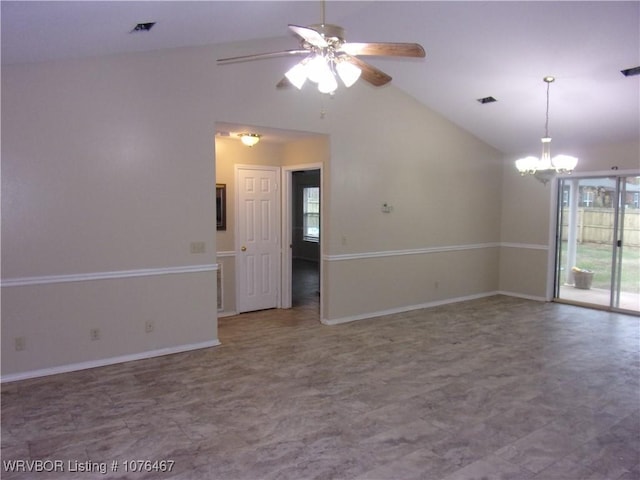 unfurnished room featuring ceiling fan with notable chandelier and high vaulted ceiling