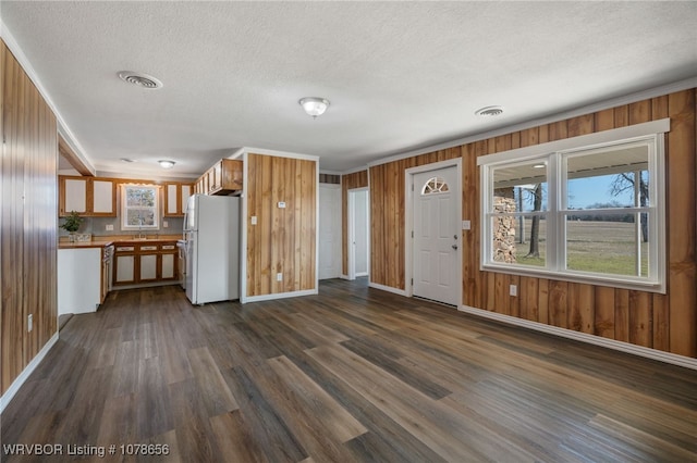 interior space with a healthy amount of sunlight, dark wood-type flooring, a textured ceiling, and wood walls