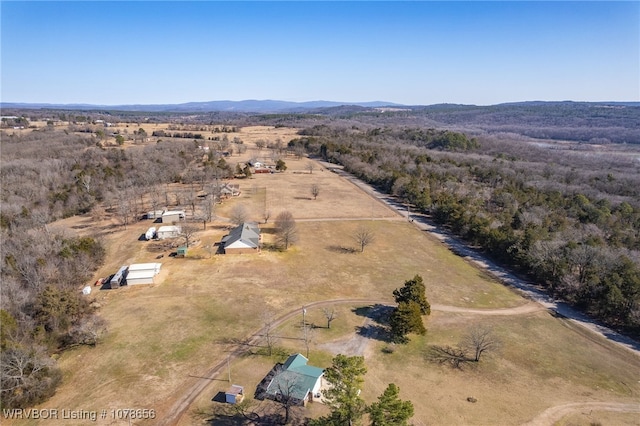 aerial view featuring a mountain view and a rural view