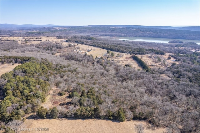 drone / aerial view featuring a water and mountain view