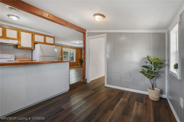 kitchen with white appliances, ornamental molding, dark hardwood / wood-style flooring, and beam ceiling