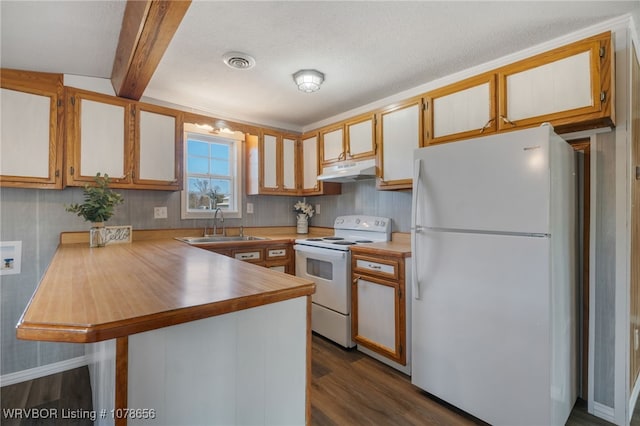 kitchen featuring sink, dark hardwood / wood-style flooring, kitchen peninsula, beamed ceiling, and white appliances