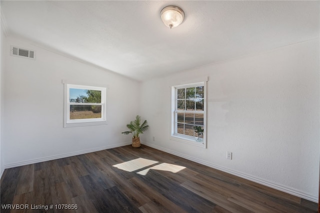 spare room with lofted ceiling and dark hardwood / wood-style floors