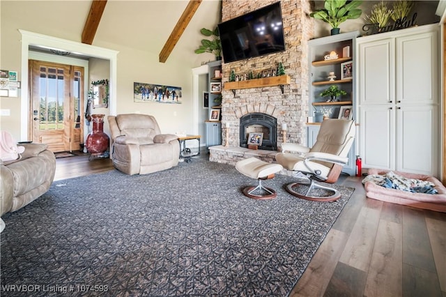 living room featuring a fireplace, hardwood / wood-style floors, beamed ceiling, and high vaulted ceiling