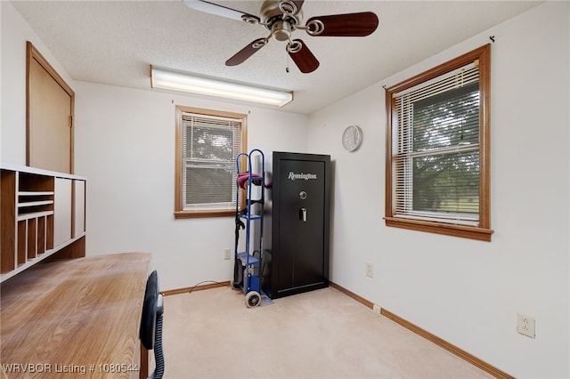 exercise area with plenty of natural light, a ceiling fan, baseboards, and carpet floors