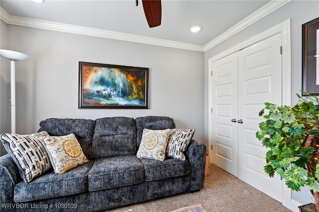 1026 Snow Goose Way, Barling, AR 72923 - carpeted living area with crown molding, a ceiling fan, and recessed lighting