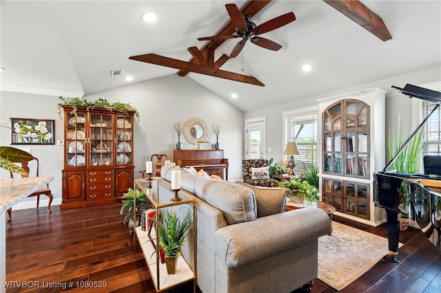 1026 Snow Goose Way, Barling, AR 72923 - living room featuring ceiling fan, dark wood finished floors, recessed lighting, vaulted ceiling with beams, and visible vents