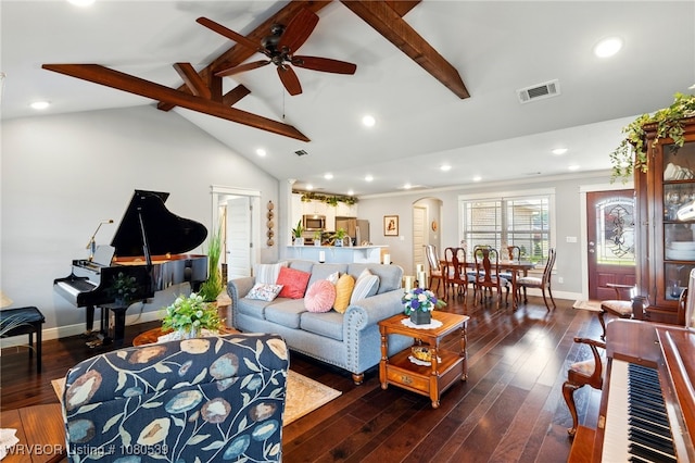 1026 Snow Goose Way, Barling, AR 72923 - living area with arched walkways, a ceiling fan, wood-type flooring, and recessed lighting