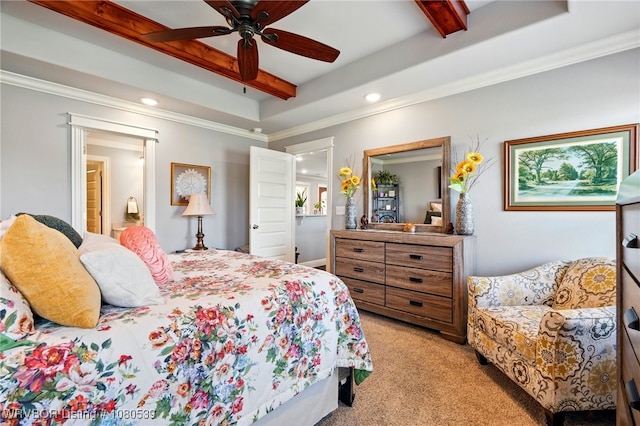 1026 Snow Goose Way, Barling, AR 72923 - bedroom with ceiling fan, light colored carpet, ornamental molding, a tray ceiling, and recessed lighting