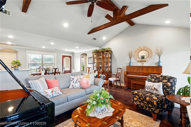 1026 Snow Goose Way, Barling, AR 72923 - living area with lofted ceiling with beams, arched walkways, wood-type flooring, and visible vents