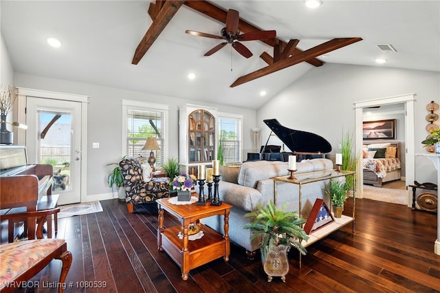 1026 Snow Goose Way, Barling, AR 72923 - living area featuring ceiling fan, recessed lighting, vaulted ceiling with beams, visible vents, and dark wood-style floors
