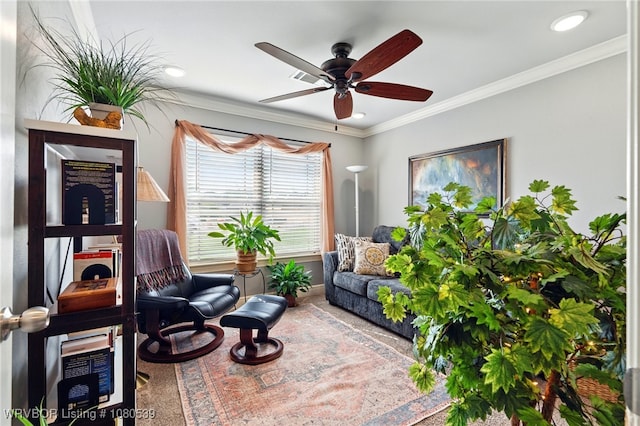 1026 Snow Goose Way, Barling, AR 72923 - sitting room with carpet flooring, ceiling fan, recessed lighting, baseboards, and ornamental molding