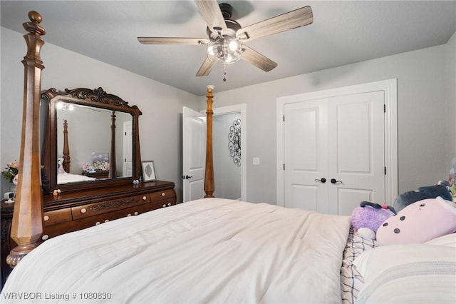 bedroom featuring a closet and ceiling fan