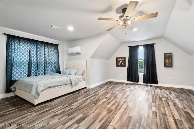 bedroom featuring a ceiling fan, a wall mounted AC, visible vents, vaulted ceiling, and wood finished floors