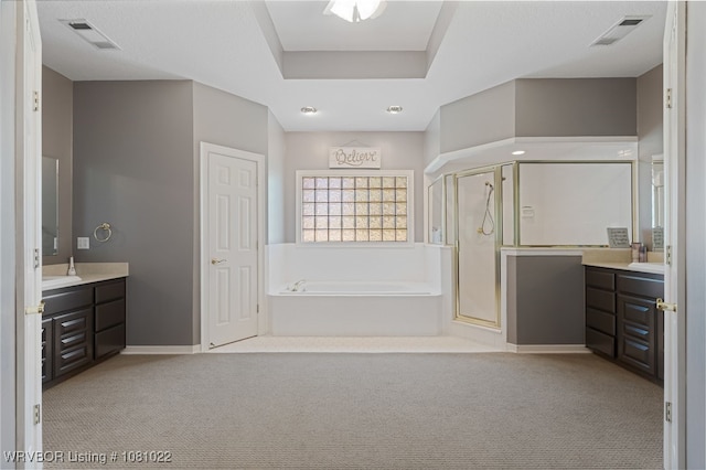 25 Shibley Rd, Van Buren, AR 72956 - full bath featuring vanity, a bath, a stall shower, baseboards, and a raised ceiling