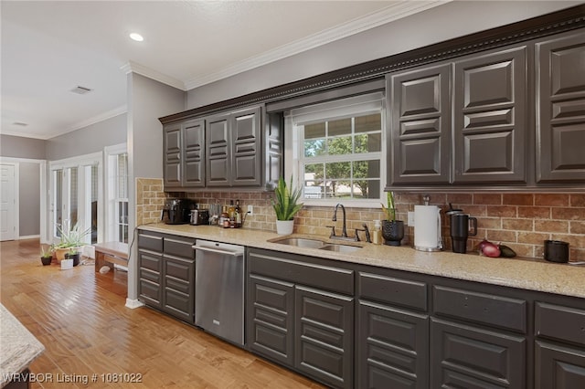 25 Shibley Rd, Van Buren, AR 72956 - bar featuring stainless steel dishwasher, a sink, tasteful backsplash, light wood finished floors, and crown molding