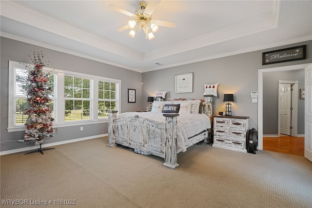 25 Shibley Rd, Van Buren, AR 72956 - bedroom featuring a tray ceiling, carpet floors, ornamental molding, baseboards, and ceiling fan