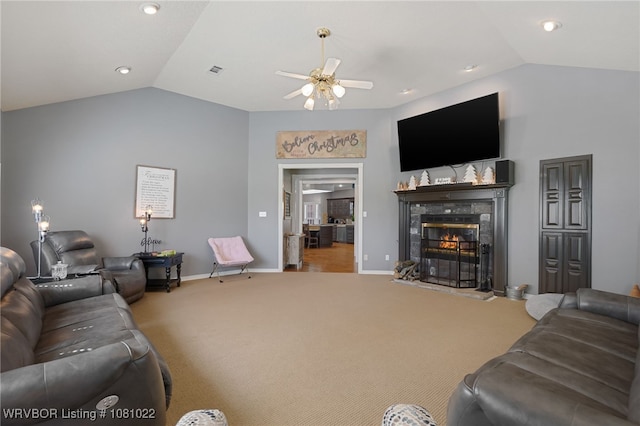 25 Shibley Rd, Van Buren, AR 72956 - carpeted living area featuring lofted ceiling, a ceiling fan, a tile fireplace, baseboards, and recessed lighting