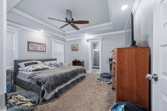 1024 Mourning Dove Way, Barling, AR 72923 - bedroom with a raised ceiling, crown molding, carpet, ceiling fan, and recessed lighting