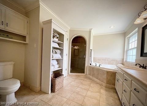 full bathroom with tile patterned floors, a shower stall, ornamental molding, toilet, and a bath