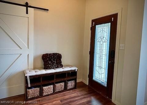foyer featuring baseboards, a wealth of natural light, a barn door, and dark wood-type flooring