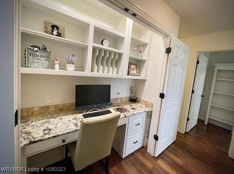 home office with dark wood-style floors and built in study area