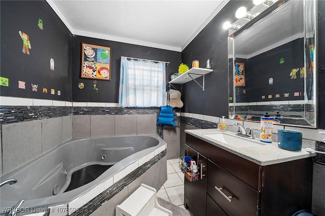 bathroom with a relaxing tiled tub, vanity, crown molding, and tile patterned flooring